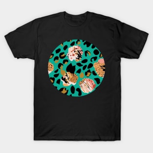 Modern abstract rose and leopard texture green T-Shirt